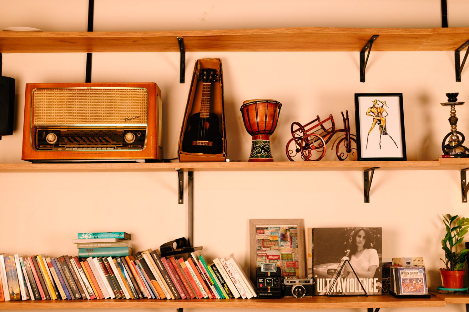 Vintage radio, ukulele, djembe and books on the RABOTEKA shelves