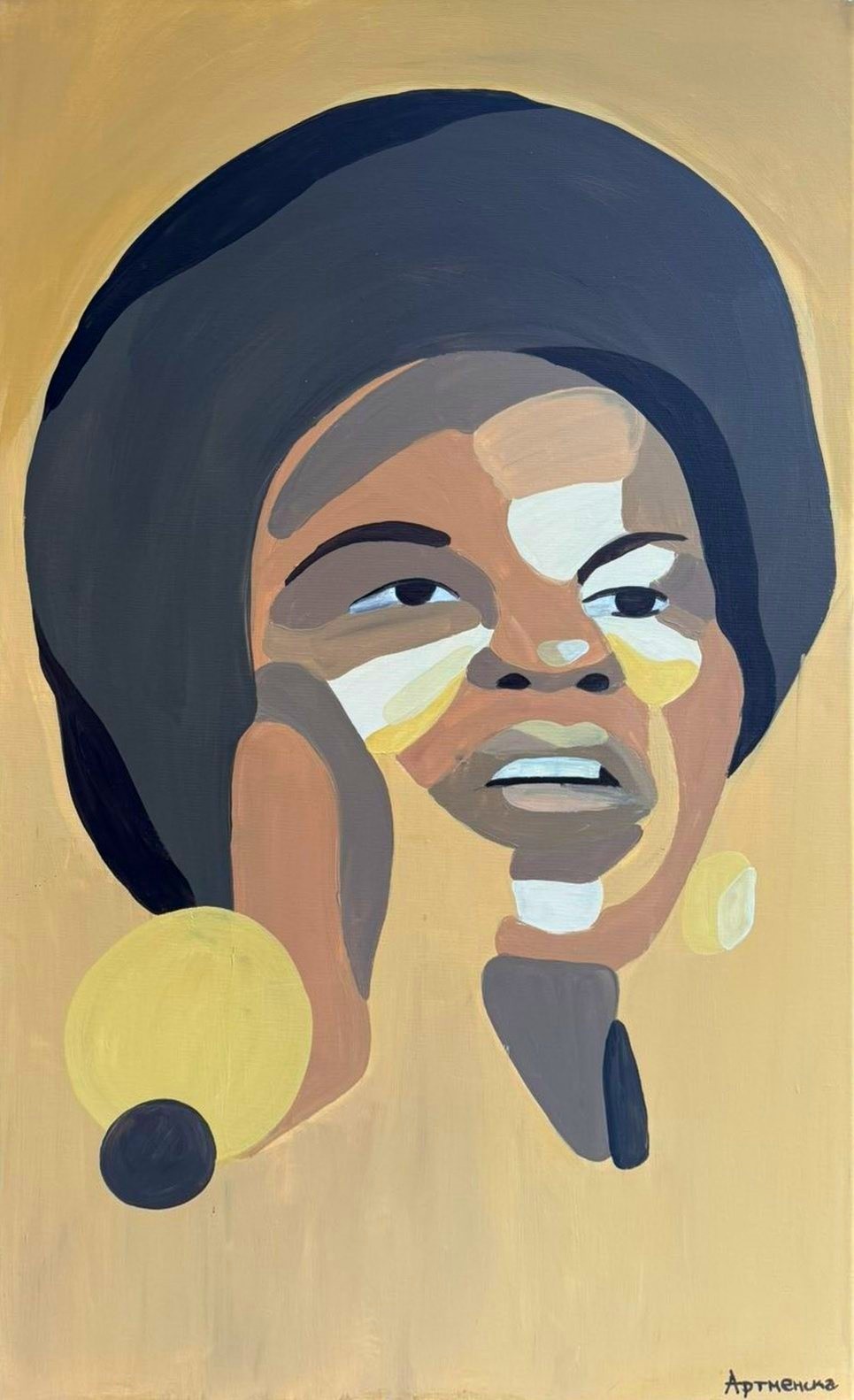 Abstract portrait of a woman with a large dark headwrap and yellow circles