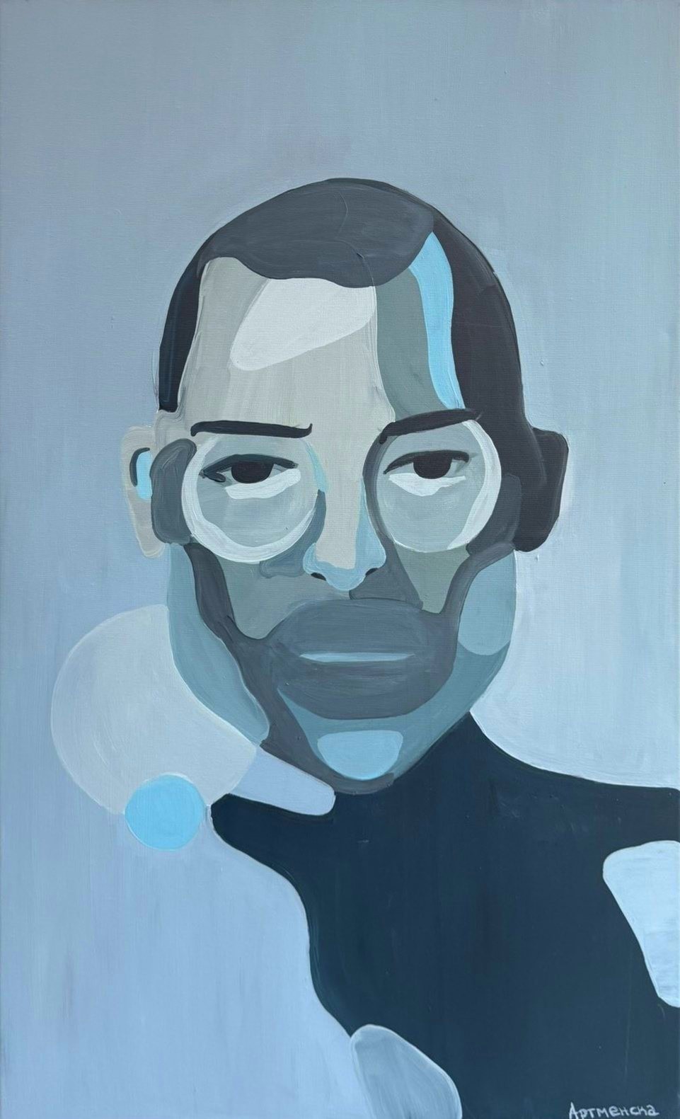 Abstract portrait of a man with round glasses in shades of blue-grey