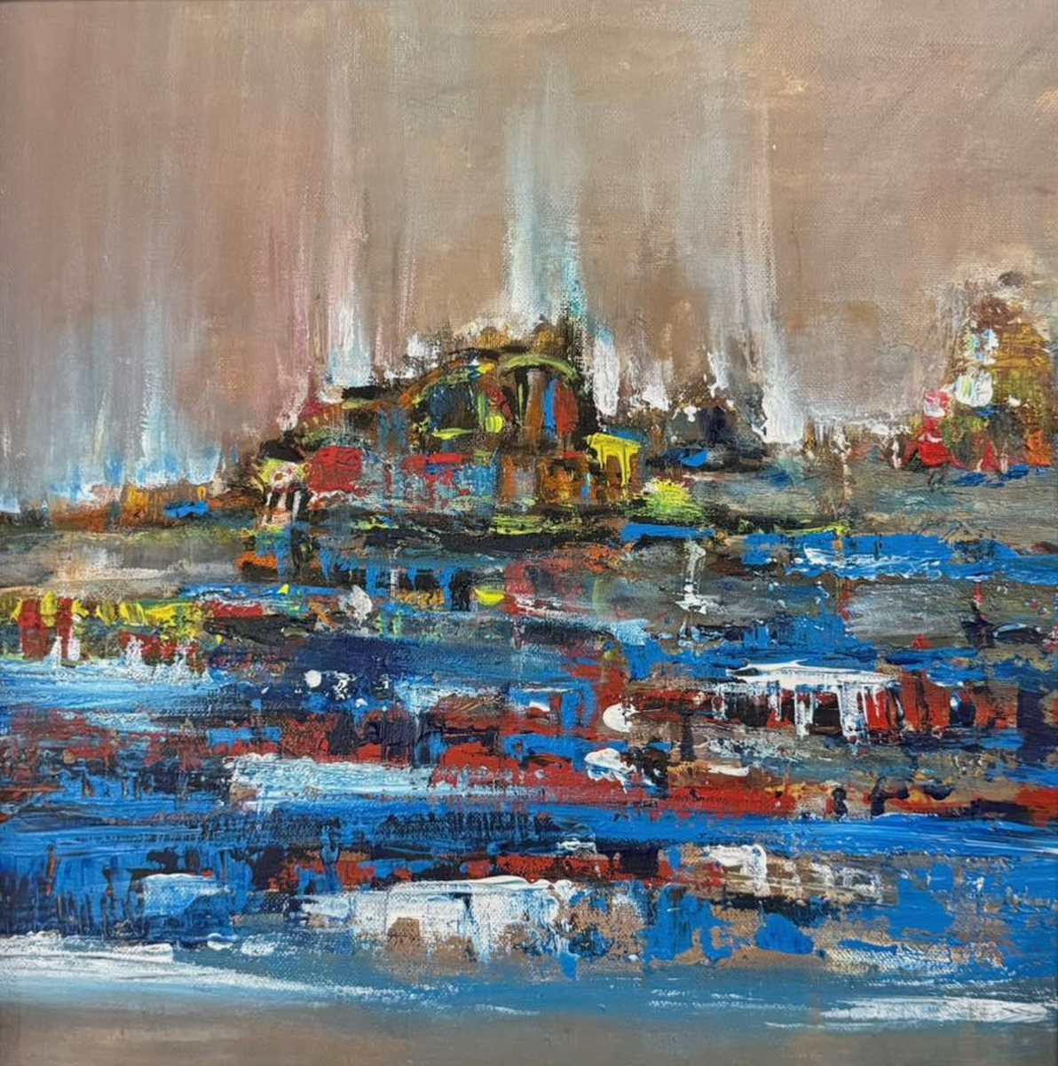 Abstract cityscape painting in brown, blue and red with vertical white streaks